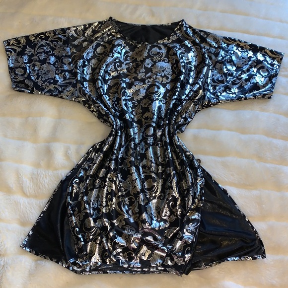 Vintage metallic gold lame’ foil on black slinky tunic night shirt L - Picture 7 of 15